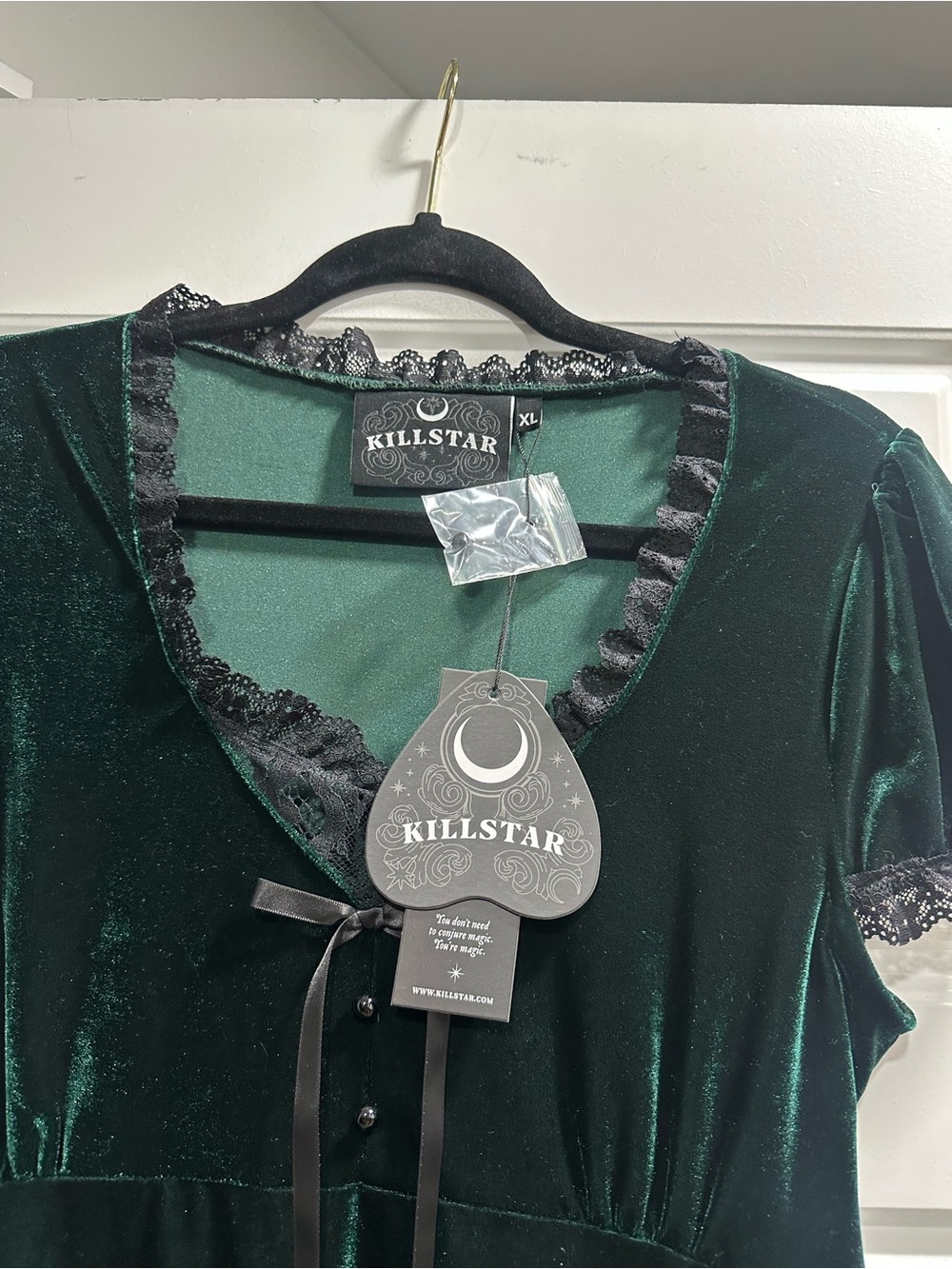 Killstar Dark Emerald Velvet Babydoll Dress with Black Lace Trim - Picture 2 of 4
